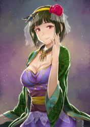 Rule 34 | 1girl, bow, breasts, chiaki rakutarou, cleavage, collarbone, dress, earrings, floral print, flower, green hair, hair bow, hair flower, hair ornament, highres, idolmaster, idolmaster (classic), jewelry, long sleeves, looking at viewer, medium breasts, mole, mole under mouth, night, otonashi kotori, outdoors, purple dress, red eyes, red flower, red rose, rose, short hair, sky, smile, solo, standing, star (sky), starry sky, yellow bow
