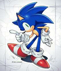 Rule 34 | 1boy, blue fur, full body, furry, gloves, grass, green eyes, hand on own hip, highres, looking at viewer, male focus, red footwear, shoes, show chiku-by, smirk, solo, sonic (series), sonic the hedgehog, twitter username, white background, white gloves, zoom layer