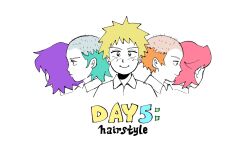 Rule 34 | 1boy, bald, blonde hair, closed mouth, collared shirt, commentary, english commentary, english text, green hair, hanazawa teruki, highres, kyokyeo, looking at viewer, male focus, mob psycho 100, multiple views, orange hair, pink hair, purple hair, shirt, short hair, simple background, smile, white background