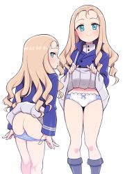 Rule 34 | 1girl, bad id, bad twitter id, bc freedom military uniform, blonde hair, blue jacket, blue vest, boots, brown footwear, clothes lift, drill hair, emblem, girls und panzer, green eyes, high collar, highres, jacket, long hair, looking at viewer, marie (girls und panzer), panties, panty pull, skirt, skirt lift, solo, ukokkei, underwear, vest, white panties, white skirt