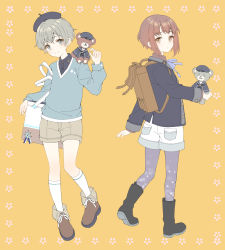 Rule 34 | 2girls, :o, anchor, anchor symbol, backpack, bad id, bad twitter id, bag, beret, blue eyes, blue neckwear, blush, boots, brown eyes, brown hair, closed mouth, collared shirt, commentary request, floral print, full body, hat, highres, holding, holding stuffed toy, jacket, kantai collection, kneehighs, long sleeves, multiple girls, neck ribbon, orange background, pantyhose, ribbon, sailor hat, shiosoda, shirt, shoes, short hair, shorts, silver hair, smile, socks, stuffed animal, stuffed toy, teddy bear, z1 leberecht maass (kancolle), z3 max schultz (kancolle)