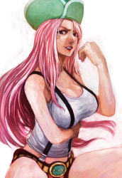 Rule 34 | 1girl, belt, breasts, cleavage, female focus, hat, jewelry bonney, lack, large breasts, long hair, midriff, one piece, piercing, pink hair, pirate, realistic, solo, suspenders