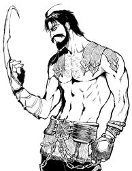 Rule 34 | 1boy, b suke, beard, chain, chest hair, claw (weapon), commentary request, edward teach (fate), facial hair, fate/grand order, fate (series), fingerless gloves, gloves, greyscale, highres, male focus, monochrome, mustache, profile, single glove, solo, toned, toned male, topless male, upper body, weapon