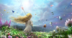 Rule 34 | 00, 1girl, blonde hair, bug, butterfly, cloud, day, dress, fantasy, field, flower, from behind, highres, hill, bug, light particles, long hair, nature, original, petals, pointy ears, scenery, sky, solo, sparkle, staff, upper body, white dress, wind
