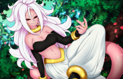 Rule 34 | 1girl, android 21, bad id, bad pixiv id, bare shoulders, black sclera, breasts, cleavage, colored sclera, colored skin, detached sleeves, dragon ball, dragon ball fighterz, earrings, grin, harem pants, jewelry, large breasts, lindaroze, long hair, majin android 21, midriff, navel, pants, pink skin, red eyes, ring, smile, solo, tail, white hair