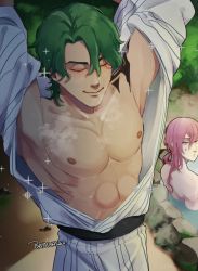 Rule 34 | 2boys, arms up, artist name, bare pectorals, bazhuatako, cherry blossom (sk8), closed eyes, facing viewer, green hair, highres, joe (sk8), looking at another, male focus, multiple boys, onsen, outdoors, pectorals, pink hair, ponytail, same-sex bathing, shared bathing, shoulder tattoo, sk8 the infinity, smile, sparkle, stretching, sweatdrop, tattoo, toned, toned male, water