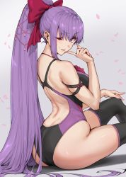 Rule 34 | 1girl, ass, back, bb (fate), bb (fate/extra), black one-piece swimsuit, black thighhighs, bow, breasts, competition swimsuit, fate/extra, fate/extra ccc, fate (series), finger to mouth, grey background, hair bow, haoni, high ponytail, highres, large breasts, long hair, looking back, one-piece swimsuit, one eye closed, open mouth, parted lips, ponytail, purple eyes, purple hair, purple one-piece swimsuit, simple background, sitting, sketch, smile, solo, swimsuit, thighhighs, thighs, two-tone swimsuit, v-shaped eyebrows, very long hair