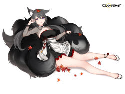 Rule 34 | 1girl, :o, alternate hair color, animal ear fluff, animal ears, ankle bell, autumn leaves, black dress, black footwear, black hair, black sleeves, black tail, breasts, cleavage, cleavage cutout, closers, clothing cutout, copyright name, dress, ear down, fox ears, fox girl, fox tail, full body, hand up, highres, kitsune, kyuubi, large breasts, layered dress, leaf, leaf on head, levia (closers), logo, long hair, long sleeves, low twintails, lying, lying on tail, maple leaf, multiple tails, no pupils, official art, on back, purple eyes, rubbing eyes, see-through, see-through sleeves, sleepy, solo, tail, twintails, two-tone dress, uneven eyes, white background, white dress