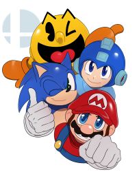 Rule 34 | 4boys, blue eyes, capcom, clenched hand, crossover, epic, eric lowery, facial hair, gloves, highres, looking at viewer, male focus, mario, mario (series), mega man (character), mega man (series), multiple boys, mustache, namco, nintendo, one eye closed, pac-man, pac-man (game), sega, simple background, smile, sonic (series), sonic the hedgehog, super mario bros. 1, super smash bros., thumbs up, white background, white gloves, wink