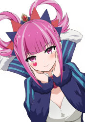 Rule 34 | 1girl, blunt bangs, blush, closed mouth, dress, facial mark, fire emblem, fire emblem engage, hair rings, hands on own face, heart, heart facial mark, highres, hortensia (fire emblem), long sleeves, looking at viewer, multicolored hair, nintendo, patty ojisan, pink eyes, pink hair, smile, solo, two-tone hair, upper body, white background