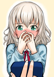 Rule 34 | 1girl, alternate eye color, blue sweater, blush, cardigan, casual, collared shirt, commentary request, covering own mouth, dress shirt, girls und panzer, green eyes, highres, itsumi erika, looking at viewer, marriage proposal, medium hair, neck ribbon, partial commentary, pov, red ribbon, religious offering, ribbon, shirt, silver hair, solo, sutahiro (donta), sweater, tearing up, upper body, white shirt