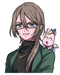 Rule 34 | 1girl, :d, black-framed eyewear, brown hair, cropped torso, glasses, green jacket, hair between eyes, jacket, jewelry, long hair, looking at viewer, necklace, open mouth, patano (pegasus) (pretty series), patano (pretty series), pretty series, purple eyes, reverse trap, rituyama1, simple background, smile, solo, sumeragi amane (pretty series), sweater, turtleneck, turtleneck sweater, upper body, waccha primagi!, white background