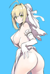 Rule 34 | 1girl, ahoge, ass, back, blonde hair, blue background, blush, breasts, dress, elbow gloves, fate/extra, fate/extra ccc, fate (series), gloves, green eyes, hair between eyes, hair intakes, highres, large breasts, long hair, looking at viewer, looking back, nero claudius (bride) (fate), nero claudius (fate), nero claudius (fate) (all), sideboob, solo, thighs, veil, white dress, white gloves, ysmmzr