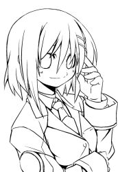 Rule 34 | 00s, 1girl, blazer, greyscale, hair ornament, hairclip, jacket, long sleeves, looking at viewer, lyrical nanoha, mahou shoujo lyrical nanoha, mahou shoujo lyrical nanoha strikers, military, military uniform, monochrome, necktie, simple background, solo, u-ka, uniform, upper body, white background, yagami hayate