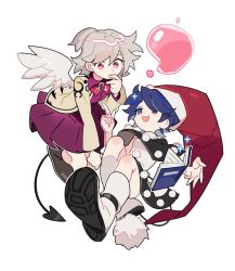 Rule 34 | 2girls, aibivy, beige jacket, blue hair, boots, bow, bowtie, brooch, brown footwear, doremy sweet, dream soul, dress, feathered wings, full body, grey hair, grey wings, hand up, hat, jewelry, kishin sagume, long sleeves, looking at another, multiple girls, nightcap, open mouth, pink neckwear, pom pom (clothes), purple dress, red headwear, shoe soles, short hair, simple background, single wing, sleeveless, sleeveless dress, smile, sparkle, tail, touhou, white background, white dress, white footwear, wings