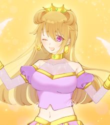Rule 34 | 1girl, ;), artist name, artist request, blush, bracelet, breasts, brown hair, butterfly (love live!), choker, cleavage, clothing cutout, collarbone, cropped shirt, crown, detached sleeves, double bun, dress, dress shirt, earrings, feathers, female focus, gold bracelet, hair between eyes, hair bun, hair rings, harem outfit, jewelry, konoe kanata, long hair, looking at viewer, love live!, love live! nijigasaki high school idol club, love live! school idol festival, navel, one eye closed, orange background, parted lips, puffy short sleeves, puffy sleeves, purple eyes, purple shirt, purple shorts, shirt, short sleeves, shorts, shoulder cutout, small breasts, smile, solo, two side up, white feathers, wink, yellow bracelet, yellow choker
