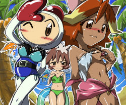 Rule 34 | 1boy, 2girls, animal ears, animal nose, annoyed, antenna hair, arm at side, arm behind back, arm up, bare shoulders, belt, bikini, bikini top only, blonde hair, blue leotard, blue sky, blush, body fur, bodysuit, bomb, bomberman, bomberman jetters, breast conscious, breast padding, breasts, brown eyes, brown fur, brown hair, cat ears, cat girl, censored nipples, closed mouth, cloud, coconut, coconut tree, collarbone, convenient censoring, cowboy shot, crossdressing, day, embarrassed, explosive, fisheye, flat chest, fuse, gem, green bikini, groin, hand up, highres, holding, holding swim ring, innertube, jewelry, legs together, leotard, looking at another, looking at viewer, misty (bomberman), multicolored hair, multiple girls, navel, necklace, no mouth, nose blush, ocean, one breast out, one eye closed, outdoors, outline, palm tree, pink sarong, red gemstone, sand, shiny skin, short hair, shout (bomberman), side-tie bikini bottom, sidelocks, sky, small breasts, standing, stomach, straight-on, strapless, strapless bikini, swim ring, swimsuit, swimsuit over clothes, takobooru, transparent, tree, two-tone hair, v-shaped eyebrows, walking, water, waving, white bodysuit, white bomberman, white outline, wink