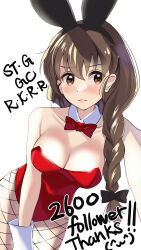 Rule 34 | 1girl, animal ears, blaze (blazeillust), blush, braid, braided ponytail, breasts, brown eyes, brown hair, cleavage, closed mouth, fake animal ears, girls und panzer, highres, large breasts, leotard, long hair, looking at viewer, playboy bunny, rabbit ears, red leotard, rukuriri (girls und panzer), simple background, solo, white background