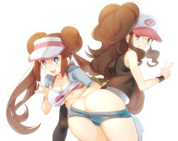 Rule 34 | 10s, 2girls, anus, ass, bare shoulders, baseball cap, bent over, bikini, bikini top only, black legwear, blue eyes, blush, bra, breast slip, breasts, brown hair, cleavage, clothes lift, clothes pull, creatures (company), denim, denim shorts, double bun, game freak, grin, hair bun, hat, hilda (pokemon), large breasts, long hair, looking at viewer, looking back, multiple girls, naso4, nintendo, nipples, no bra, no panties, one breast out, open mouth, pants, pants pull, pantyhose, pink bra, pokemon, pokemon bw, pokemon bw2, ponytail, presenting, pulling another&#039;s clothes, pussy, pussy peek, raglan sleeves, rosa (pokemon), shirt lift, short shorts, shorts, shorts pull, sidelocks, simple background, sleeveless, smile, standing, swimsuit, twintails, underboob, underwear, v, vest, visor, visor cap, white background