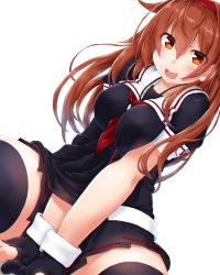 Rule 34 | 1girl, ahoge, black gloves, black serafuku, black thighhighs, blush, breasts, brown eyes, brown hair, collarbone, commentary request, dd (ijigendd), gloves, hair between eyes, hair flaps, hair over shoulder, hairband, highres, kantai collection, large breasts, long hair, looking at viewer, neckerchief, open mouth, red hairband, sailor collar, school uniform, serafuku, shiratsuyu (kancolle), shirt, simple background, sitting, skirt, smile, solo, thighhighs, white background