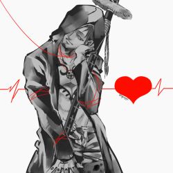 Rule 34 | 1boy, ag wolf, agito013, cardiogram, heart, hood, male focus, monochrome, one piece, open clothes, open shirt, red theme, shirt, solo, spot color, string, tattoo, trafalgar law