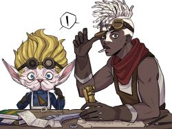Rule 34 | !, 2boys, alternate costume, arcane: league of legends, blonde hair, book, brown gloves, d (xxl30433461), dark-skinned male, dark skin, dreadlocks, ekko (league of legends), facial hair, facial mark, falling, firelight ekko, gloves, goggles, goggles on head, grey background, heimerdinger, highres, holding, league of legends, looking at viewer, mouth hold, multiple boys, mustache, paper, pen, red scarf, scarf, simple background, speech bubble, white hair, wrench, yordle