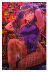 Rule 34 | 1girl, absurdres, arms up, bare shoulders, breasts, brown hair, china dress, chinese clothes, commentary request, dark-skinned female, dark skin, dress, feet out of frame, female focus, fishnet pantyhose, fishnets, glasses, gloves, hair between eyes, highres, indoors, looking at viewer, medium breasts, original, pantyhose, purple eyes, sitting, sitting on table, sleeveless, solo, table, tontoro (toropig-thunder), twintails