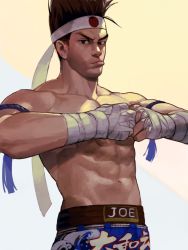 Rule 34 | 1boy, bandaged arm, bandages, biceps, brown eyes, brown hair, character name, clenched hand, clenched hands, collarbone, cowboy shot, fatal fury, fist in hand, hachimaki, headband, highres, joe higashi, looking at viewer, male focus, muscular, muscular male, navel, nipples, oni gini, pectorals, pout, raised eyebrows, red shorts, rope, short hair, shorts, simple background, snk, solo, standing, the king of fighters, the king of fighters xv, topless male, two-tone background, veins