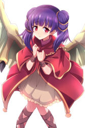 Rule 34 | 1girl, blunt bangs, blush, dragon wings, dress, fire emblem, fire emblem: the sacred stones, highres, layered dress, looking at viewer, minamonochaba, myrrh (fire emblem), nintendo, purple hair, red dress, red eyes, solo, twintails, white background, white dress, wings, wrist cuffs