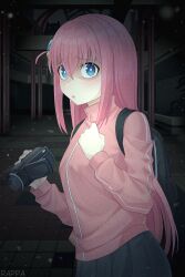 Rule 34 | 1girl, artist name, backpack, bag, blue eyes, bocchi the rock!, camera, clenched hand, cube hair ornament, gotoh hitori, grey skirt, hair ornament, highres, holding, holding camera, indoors, jacket, long hair, one side up, open mouth, pink hair, pink jacket, pink track suit, pleated skirt, rappa, scared, sidelocks, skirt, solo, standing, track jacket