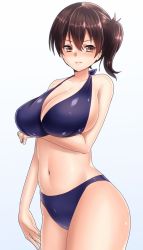 Rule 34 | 10s, 1girl, 3:, 3:&lt;, alternate costume, arm at side, bikini, blue bikini, blush, breast hold, breasts, brown eyes, brown hair, cleavage, commentary request, hair between eyes, highres, huge breasts, kaga (kancolle), kantai collection, keita (tundereyuina), large breasts, looking to the side, navel, side ponytail, sideboob, solo, standing, stomach, swimsuit, v-shaped eyebrows