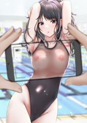 Rule 34 | 1girl, absurdres, aga marino, armpits, arms up, black hair, black one-piece swimsuit, blush, breasts, cellphone, competition swimsuit, contrapposto, covered navel, cowboy shot, fake phone screenshot, fake screenshot, grey eyes, groin, highleg, highleg swimsuit, highres, large breasts, long hair, looking at viewer, mole, mole under mouth, nipples, one-piece swimsuit, original, phone, poolside, pov, pov hands, smartphone, solo focus, swept bangs, swimsuit, user interface, x-ray, x-ray vision