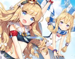 Rule 34 | 2girls, :d, adapted costume, ancotaku, anniversary, arm up, azur lane, bare arms, bare shoulders, bead bracelet, beads, bikini, blonde hair, blue bikini, blue eyes, blue sky, bow, bracelet, breasts, closed mouth, cloud, collarbone, commentary request, crown, fang, floating hair, hair bow, hair ornament, hairband, jewelry, long hair, looking at viewer, midriff, multiple girls, one-piece swimsuit, open mouth, purple eyes, queen elizabeth (azur lane), sailor bikini, sailor collar, scarf, sky, small breasts, smile, swimsuit, thighs, v-shaped eyebrows, warspite (azur lane), wavy hair, white sailor collar