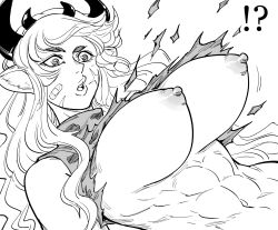 Rule 34 | !?, 1girl, abs, animal ears, bad id, bandaid, bandaid on cheek, bandaid on face, bb (baalbuddy), breasts, commentary, cow ears, cow girl, english commentary, exploding clothes, greyscale, highres, horns, inactive account, large breasts, long hair, monochrome, multiple horns, navel, nipples, parted lips, simple background, solo, the god of high school, uma (the god of high school), upper body, white background, wide-eyed