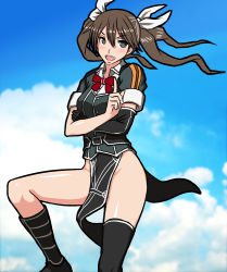 Rule 34 | 10s, 1girl, blush, boots, cloud, day, kantai collection, long hair, looking at viewer, natumiao, no panties, open mouth, pelvic curtain, short twintails, single thighhigh, sky, solo, thighhighs, tone (kancolle), tone kai ni (kancolle), twintails