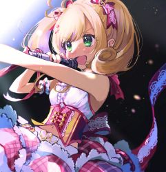 Rule 34 | 1girl, :d, armband, back bow, belt, blonde hair, blush, bow, buckle, center frills, corset, dress, frilled armband, frills, green eyes, hair ribbon, heart, heart-shaped buckle, highres, holding, holding microphone, idol, idolmaster, idolmaster cinderella girls, idolmaster cinderella girls starlight stage, lace, lace-trimmed skirt, lace trim, mameyanagi, microphone, midriff, navel, open mouth, outstretched arm, ribbon, sato shin, skirt, sleeveless, sleeveless dress, smile, solo, twintails, v-shaped eyebrows