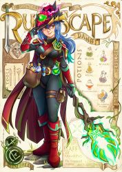 Rule 34 | 1girl, aqua hair, armor, armored boots, arrow (symbol), bag, belt, blue hair, boot knife, boots, branch, breasts, cape, character name, commentary, copyright name, dang (runescape), duellist&#039;s cap (tier 6), ear piercing, english commentary, english text, fantasy, fire, flask, fractured staff of armadyl, furrowed brow, glowing, glowing eyes, glowing mouth, glowing weapon, gradient hair, hand on headwear, hand up, hat, highres, long hair, looking away, medium breasts, multicolored hair, orange eyes, piercing, pink fire, potion, rock, rocket launcher, rpg (weapon), runes, runescape, satchel, shiny clothes, shoulder armor, shuravf, sideways glance, signature, smile, solo, staff, standing, tools, weapon, weapon name