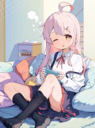 Rule 34 | 1girl, ;o, ahoge, black skirt, black socks, braid, brown eyes, c:, collared shirt, colored inner hair, commentary, crossed ankles, grey hair, hair ornament, hairclip, highres, indoors, kneehighs, light blush, long hair, long sleeves, looking at viewer, multicolored hair, neck ribbon, no shoes, one eye closed, onii-chan wa oshimai!, open mouth, oyama mahiro, pillow, pink hair, pleated skirt, red ribbon, ribbon, shirt, side braids, sitting, skirt, sleeves past wrists, smile, socks, solo, strap slip, suspender skirt, suspenders, tears, twin braids, two-tone hair, white shirt, wing collar, yamano (yamanoh)