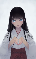 Rule 34 | 1girl, black hair, blue eyes, highres, japanese clothes, long hair, looking at viewer, miko, murakami suigun, omikuji, original, simple background, solo, upper body, white background