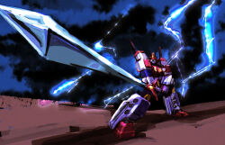 Rule 34 | 1boy, assault visor, autobot, blue eyes, fighting stance, glowing, glowing eyes, holding, holding sword, holding weapon, ibdinosaur, insignia, looking at viewer, mecha, no humans, retro artstyle, robot, science fiction, solo, star saber (transformers), sunrise stance, super robot, sword, transformers, transformers: return of convoy, transformers victory, transformers zone, weapon