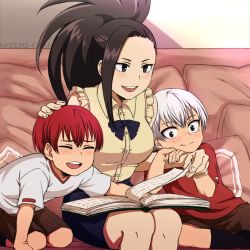 Rule 34 | 10s, 1girl, 2boys, akeemi-chan, artist name, black eyes, black legwear, blush, boku no hero academia, book, book on lap, bow, breasts, brothers, couch, highres, if they mated, large breasts, long hair, mother and son, multiple boys, on couch, patting, pillow, red hair, red shirt, shirt, short hair, short sleeves, siblings, sitting, skirt, smile, socks, t-shirt, white hair, white shirt, yaoyorozu momo