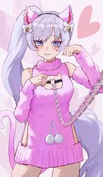 Rule 34 | 1girl, animal ears, bell, blue eyes, blush, cat ears, cat tail, chain, cleavage cutout, closed mouth, clothing cutout, detached sleeves, dress, fake animal ears, fake tail, hair ribbon, headband, heart, highres, jingle bell, long hair, looking at viewer, parted bangs, paw pose, pink background, pink sweater, ponytail, ribbon, rwby, ryoha kosako, scar, scar across eye, short dress, solo, standing, sweater, sweater dress, tail, thighs, very long hair, weiss schnee, white hair