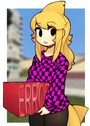 Rule 34 | 1girl, black pants, black sweater, blonde hair, blurry, blurry background, blush, breasts, checkered clothes, d-floe, error message, fins, fish tail, garry&#039;s mod, highres, large breasts, long hair, long sleeves, missing textures, multicolored clothes, multicolored sweater, original, pants, parted lips, purple sweater, shark girl, shark tail, solo, sweater, swept bangs, tail
