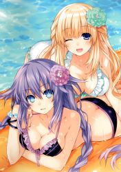 Rule 34 | 10s, 2girls, ;d, absurdres, all fours, bangle, bent over, bikini, blonde hair, blue eyes, blush, bracelet, braid, breasts, butt crack, cleavage, collarbone, day, flower, frilled swimsuit, frills, hair flower, hair ornament, halterneck, highres, jewelry, large breasts, long hair, looking at viewer, lying, multiple girls, neptune (neptunia), neptune (series), official art, on stomach, one eye closed, open mouth, outdoors, parted lips, planeptune, power symbol, power symbol-shaped pupils, purple eyes, purple hair, purple heart (neptunia), smile, strap pull, swimsuit, symbol-shaped pupils, tsunako, twin braids, vert (neptunia), very long hair, water