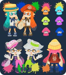 Rule 34 | 5girls, :d, bare shoulders, beanie, beret, black dress, black footwear, black hair, black jumpsuit, blue eyes, blue footwear, blue hair, blue neckerchief, blue sailor collar, blue shorts, boots, brown footwear, brown neckerchief, brown sailor collar, brown shorts, callie (splatoon), closed mouth, cousins, detached collar, dress, earrings, fangs, gloves, green legwear, grey hair, hair rings, hand up, hat, inkling, inkling girl, inkling player character, jewelry, jumpsuit, knees together feet apart, long hair, long sleeves, looking at another, marie (splatoon), multiple girls, neckerchief, nintendo, object on head, open mouth, orange eyes, orange hair, paint splatter, pantyhose, pink hair, pointy ears, purple legwear, red hat, rizu (rizunm), sailor collar, shirt, short hair, shorts, smile, splatoon (series), splatoon 1, squid, strapless, strapless dress, white gloves, white shirt, yellow hat