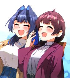Rule 34 | ahoge, belt, black belt, blue hair, brown jacket, burgundy jacket, ddolbang, earrings, fangs, friends, hair intakes, highres, hololive, hololive english, hourglass, jacket, jewelry, laughing, ouro kronii, ouro kronii (casual), ribbon, sally (ouro kronii), shirt, simple background, virtual youtuber, white shirt