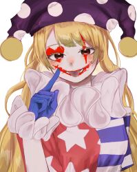 Rule 34 | 1girl, blonde hair, blue gloves, clown, clownpiece, commentary request, facepaint, gloves, hat, highres, jester cap, long hair, looking at viewer, neck ruff, pointing, pointing at self, polka dot headwear, purple hat, red eyes, simple background, smile, solo, star (symbol), tongue, touhou, upper body, white background, yagisan1578
