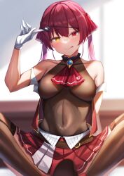 Rule 34 | 1girl, arrow through heart, ascot, bare shoulders, belt, black choker, blurry, blurry background, bodysuit, breasts, brooch, brown belt, brown thighhighs, choker, covered navel, eyepatch, eyepatch lift, frilled choker, frills, gloves, hair ribbon, hand up, heterochromia, highres, hololive, houshou marine, jewelry, knees apart feet together, leather belt, long hair, looking at viewer, medium breasts, menmen (menmen13s), miniskirt, pleated skirt, red ascot, red eyes, red hair, red ribbon, red skirt, ribbon, sitting, skirt, smile, solo, thighhighs, tongue, tongue out, twintails, virtual youtuber, white gloves, yellow eyes