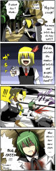 Rule 34 | 4girls, 4koma, androgynous, antennae, blonde hair, blood, blue eyes, bow, buttons, cape, comic, female focus, from behind, green eyes, green hair, gun, hair bow, hard-translated, hat, hat bow, kirisame marisa, long image, multiple girls, pageratta, reverse trap, rumia, shoot the bullet, silver hair, tall image, third-party edit, touhou, translated, weapon, witch hat, wriggle nightbug, yagokoro eirin