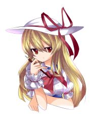 Rule 34 | 1girl, alternate hair length, alternate hairstyle, arm garter, bad id, bad pixiv id, blonde hair, bow, bowtie, choker, expressionless, nib pen (object), hat, hat ribbon, highres, holding, kana anaberal, lingkong (saki), long hair, no nose, pen, puffy short sleeves, puffy sleeves, red eyes, red ribbon, ribbon, short sleeves, sideways glance, solo, touhou, touhou (pc-98), transparent background, upper body, white background, wrist cuffs